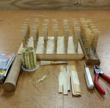 Bassoon Reeds on rack, and reed making tools